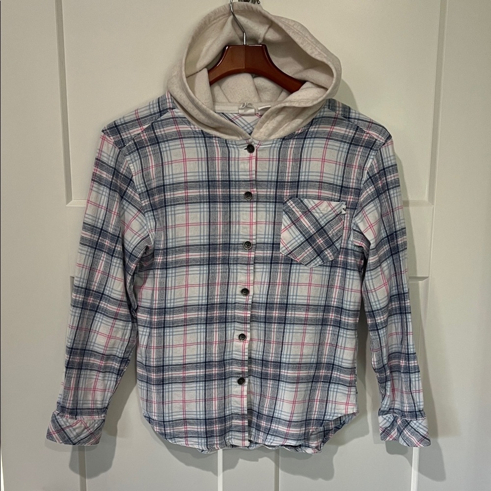 Roxy Kids Plaid Hooded Button-Front Shirt - White & Navy Sz 10